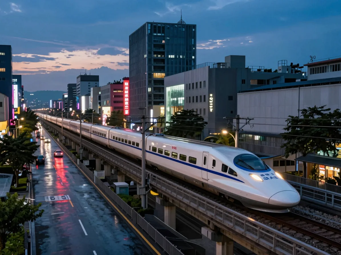 Taiwan High Speed Rail train speeding through a modern urban land