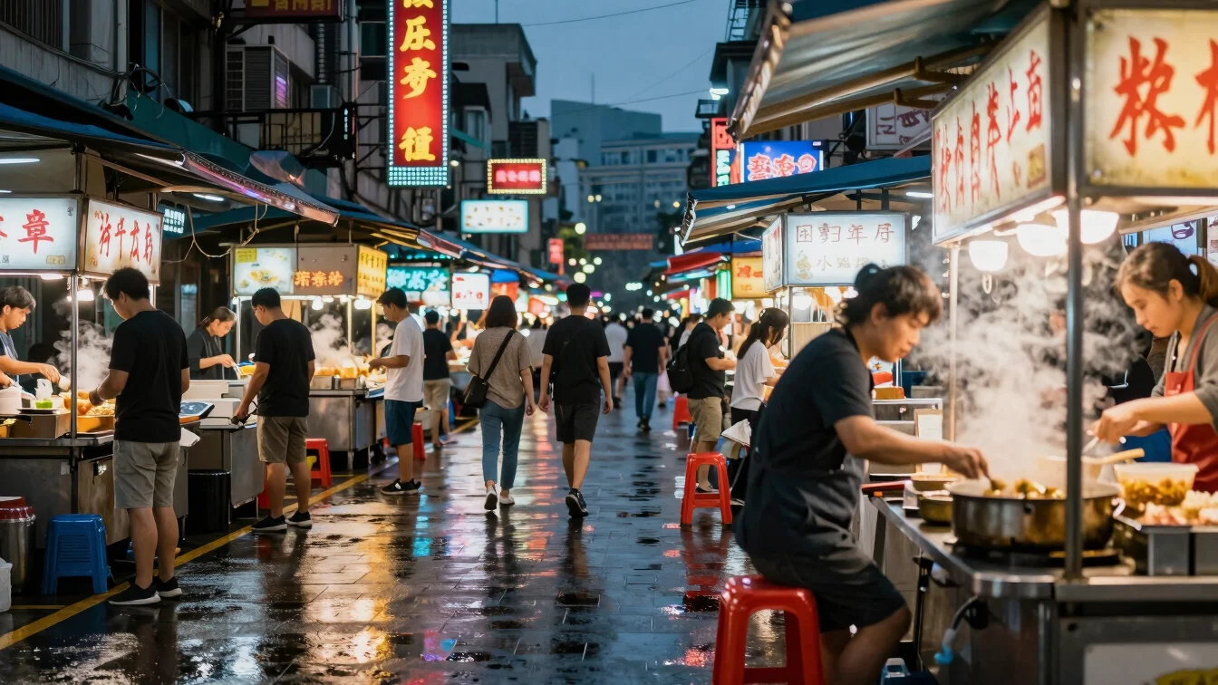 Close-up of steaming street food stall in a vibrant Taipei night
