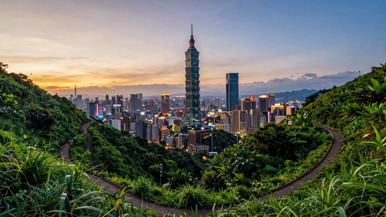 Lush green hills framing a Taipei city skyline at golden hour, wi