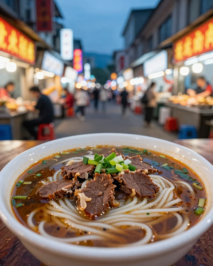 Close-up of a bowl of authentic Taiwanese beef noodle soup in a v