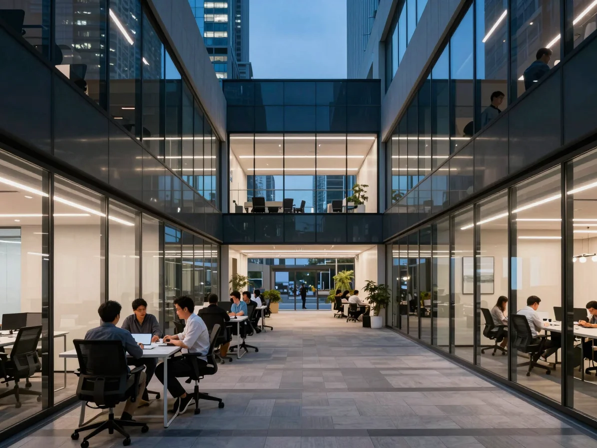 Sleek, modern tech office interior with architectural lighting an