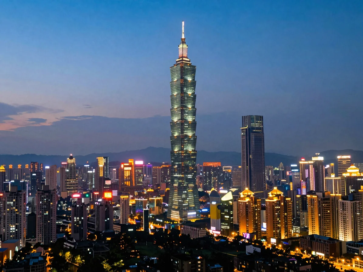 Modern commercial district skyline at twilight, Taipei 101 visibl