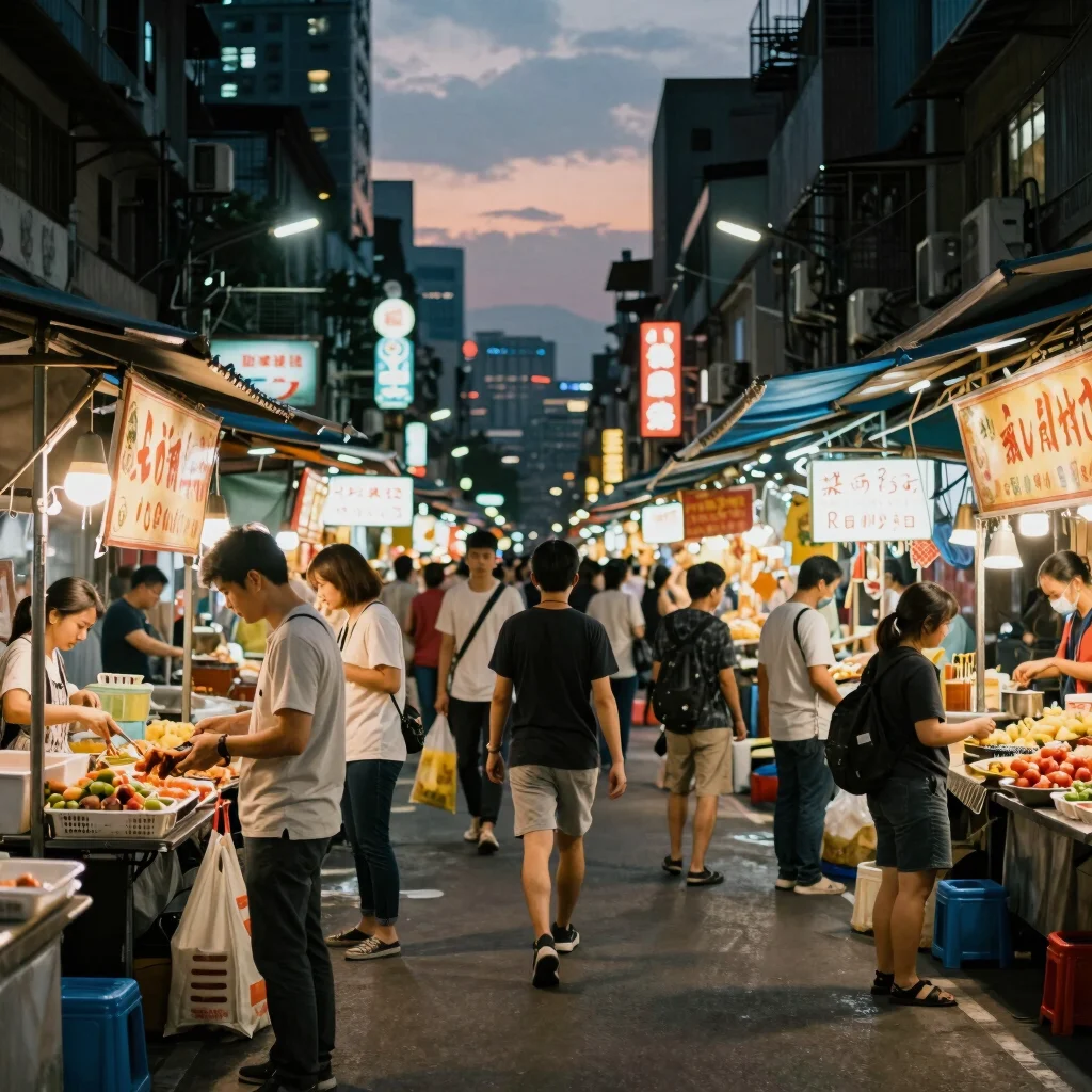 Candid street-level wide shot of a bustling Taipei night market, soft warm glows from evening markets, rich saturated co