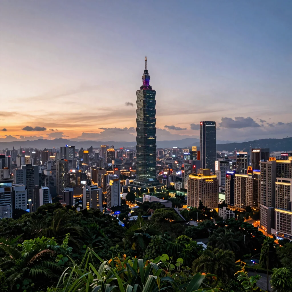 View of Taipei cityscape from a lush green hill at sunset, crisp high-contrast daylight, wide angle lens