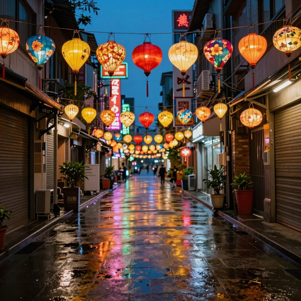 Close-up of colorful lanterns and neon signs reflecting on wet pavement in a Taipei alleyway at night, vivid urban edito