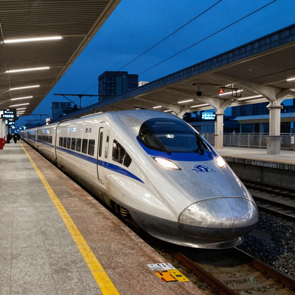 High-speed rail train arriving at a modern station in Taiwan, sleek design, crisp high-contrast daylight