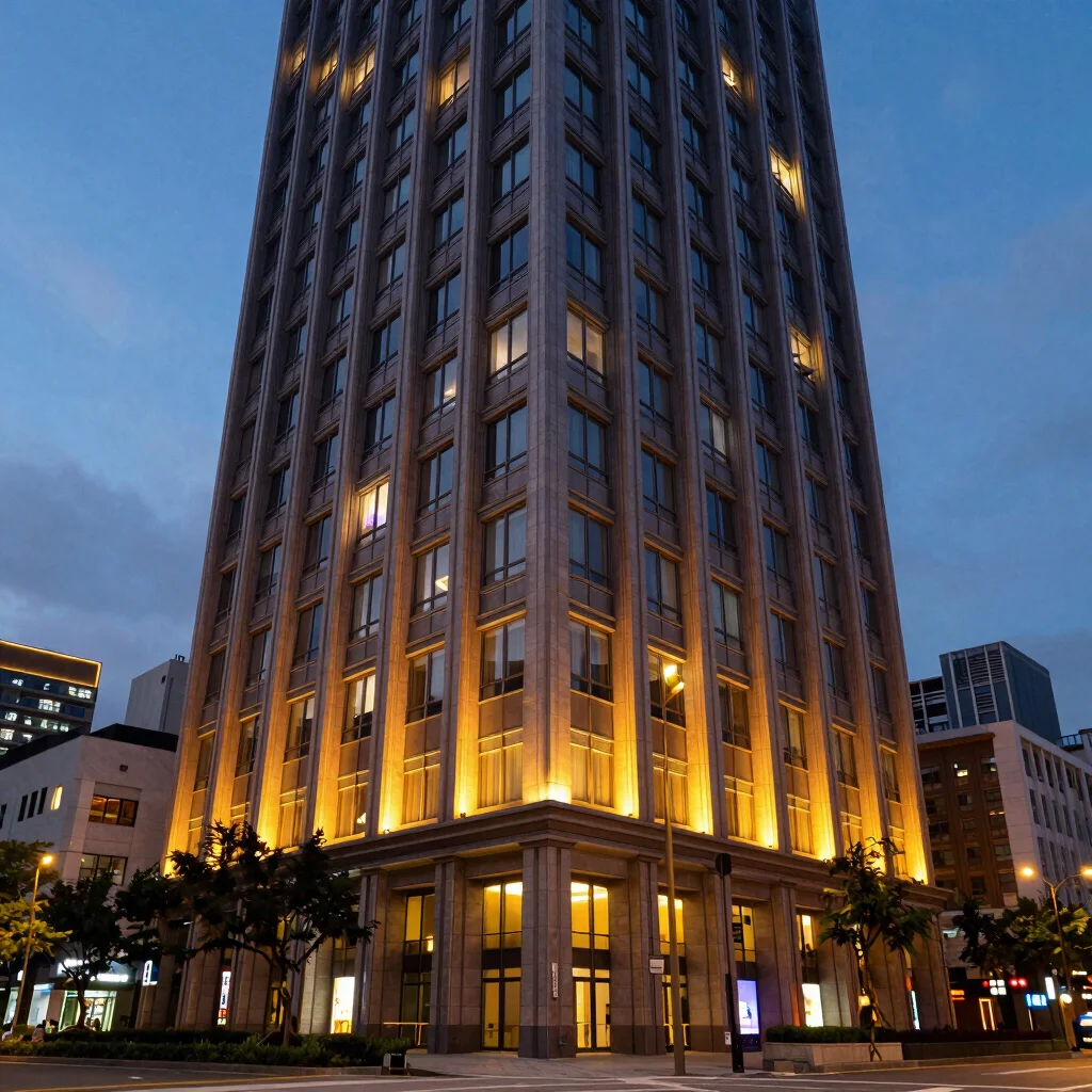 Architectural shot of a modern building facade in Taipei with dramatic leading lines, twilight neon atmospheric light