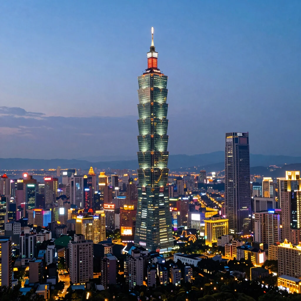Panoramic view of Taipei 101 amidst twilight urban density, neon reflections, architectural leading lines, 35mm wide ang